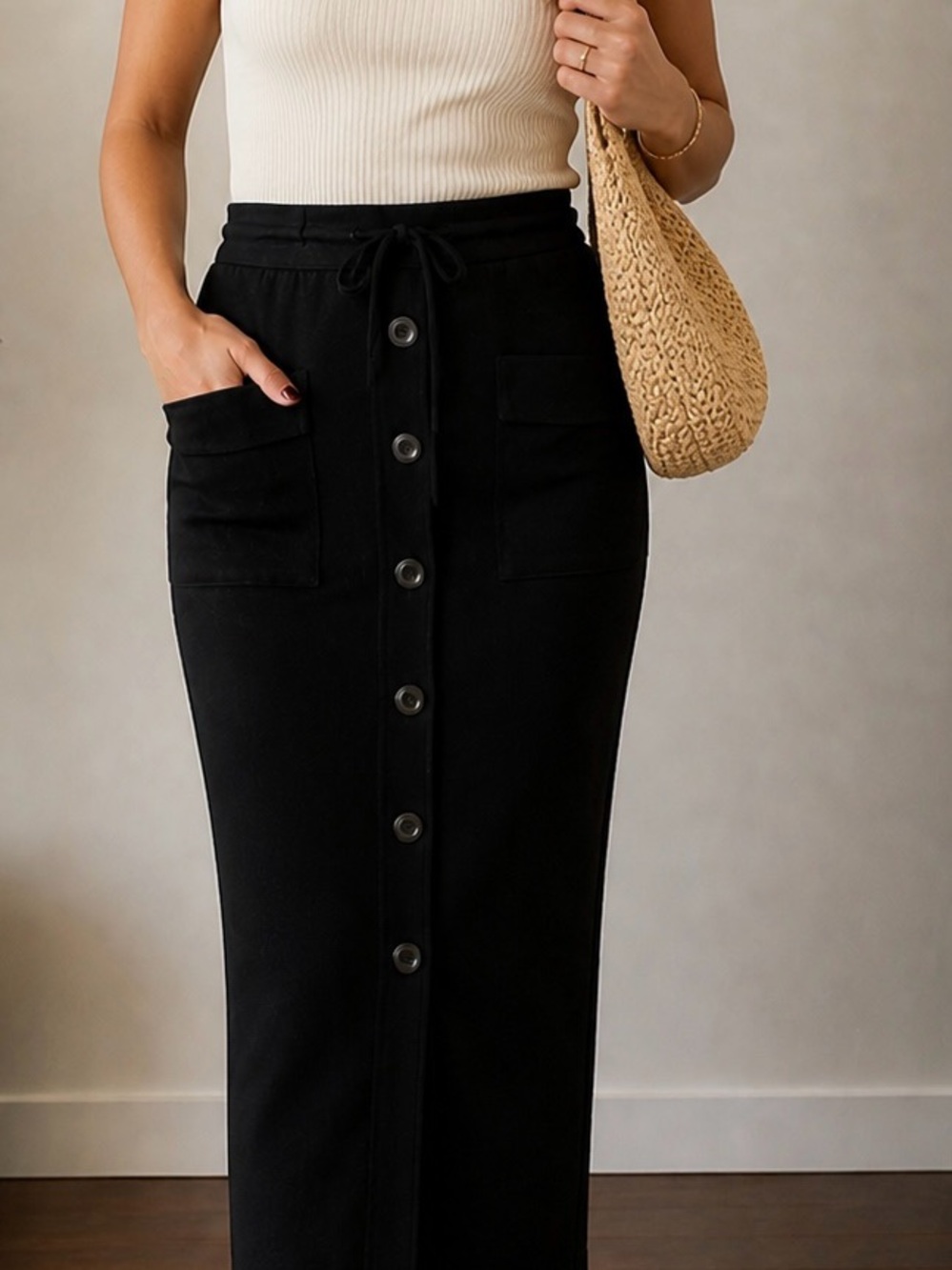 Midnight Button-Front Knit Pencil Skirt.
